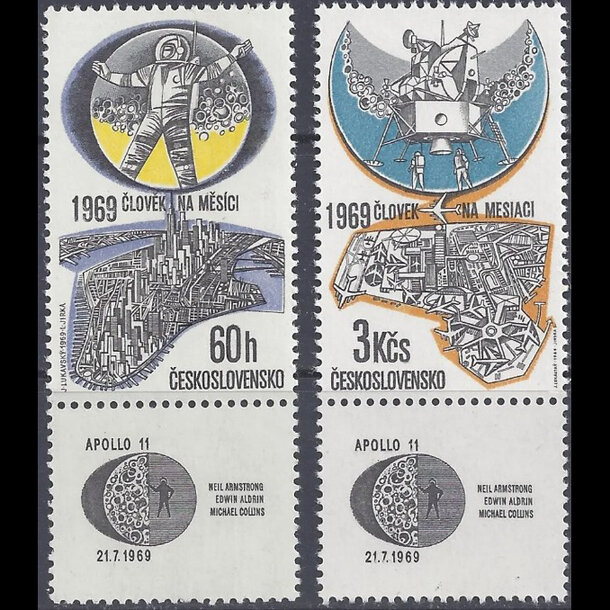 Séria známok československo 1969 - letecké - človek na mesiaci (kupón dolný) - znamky-1969-1888-89