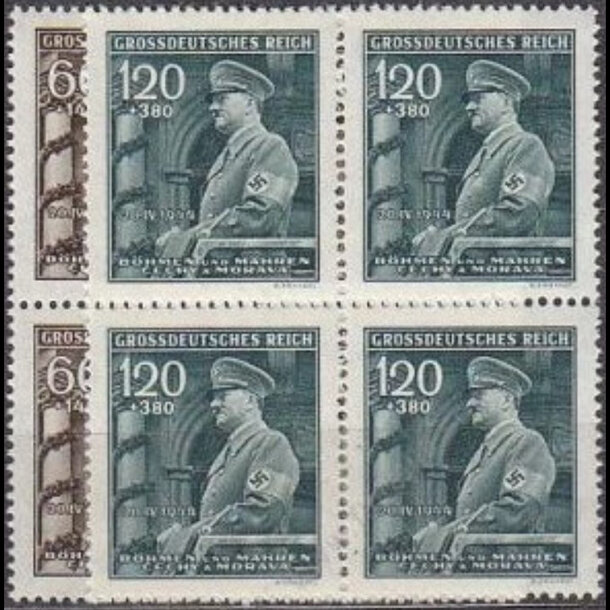 Séria známok protektorát čechy a morava 1944 - narodeniny a. hitlera (štvobloky) - znamky-pcm-1944-136-37B