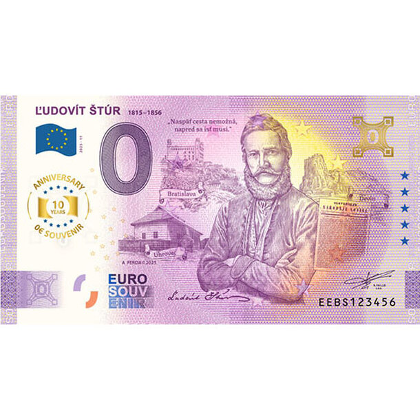 0 euro souvenir slovensko 2025 - ľudovít štúr - anniversary - 0-euro-souvenir-stur-25-anniversary