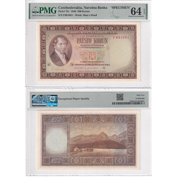500 korún 1946 československo - séria f (pmg certifikácia) - 500 Korún 1946  séria F - 73a pref. 3md PMG64-1
