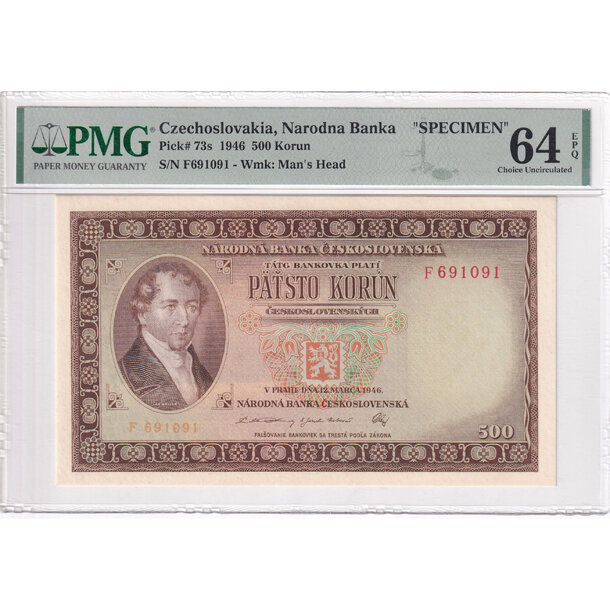 500 korún 1946 československo - séria f (pmg certifikácia) - 500 Korún 1946  séria F - 73a pref. 3md PMG64-2