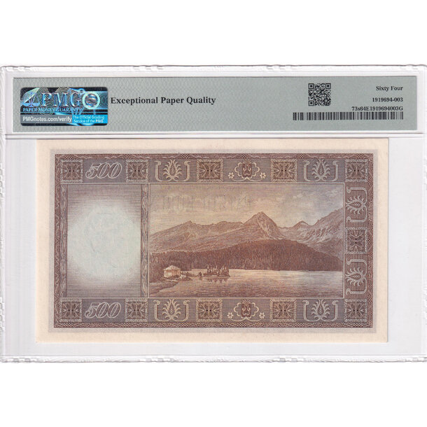 500 korún 1946 československo - séria f (pmg certifikácia) - 500 Korún 1946  séria F - 73a pref. 3md PMG64-3