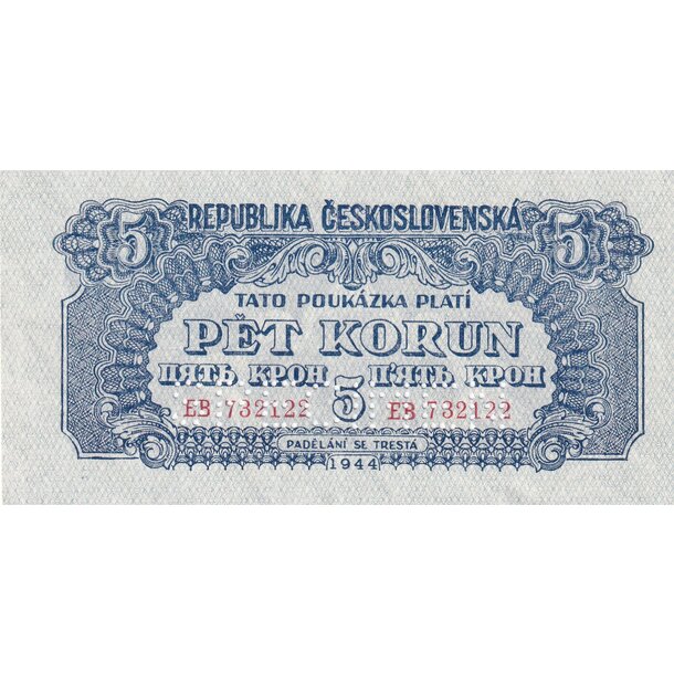 5 korún 1944 československo - 5 Korún 1944 XF - 46a perf. 1 x SPECIMEN dole-1