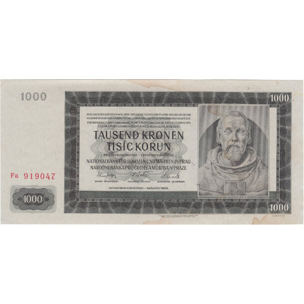 1000 korún 1942 protektorát čechy a morava - séria fa - Bankovka PČM 1000 Korún 1942 XF séria Fa - 15 -1