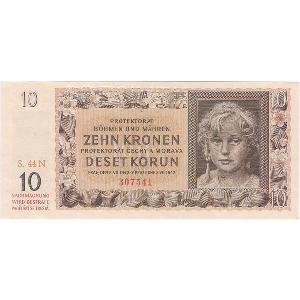 10 korún 1942 protektorát čechy a morava - specimen - Bankovka PČM 10 Korún 1942 AU - 8 -1