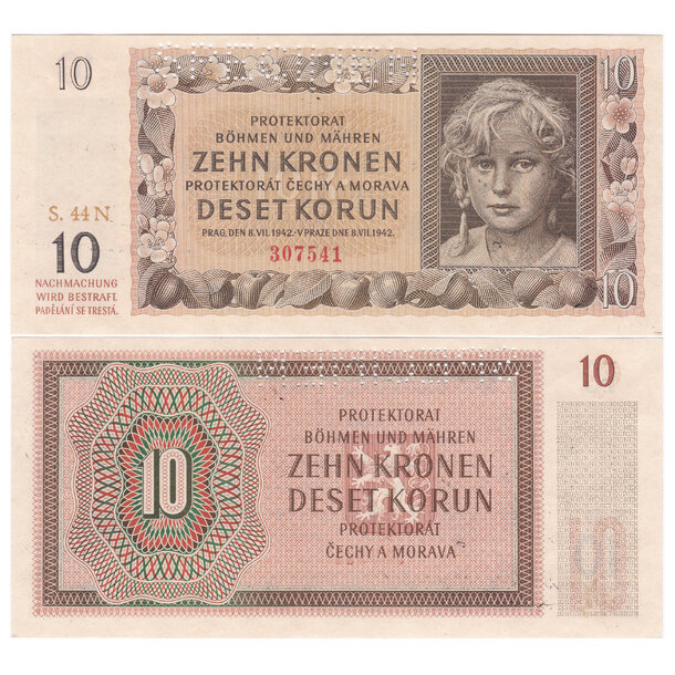 10 korún 1942 protektorát čechy a morava - specimen - Bankovka PČM 10 Korún 1942 AU - 8 -3