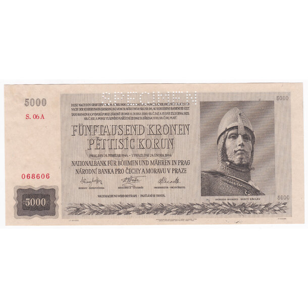 5000 korún 1944 protektorát čechy a morava - séria a - Bankovka PČM 5000 Korún 1944 AU séria A - 17 (specimen) -1