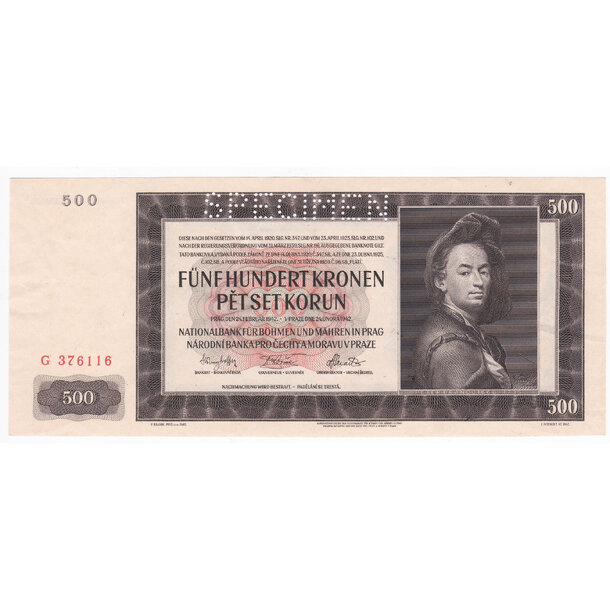 500 korún 1942 protektorát čechy a morava - séria g - Bankovka PČM 500 Korún 1942 I. AU séria G - 11 -1