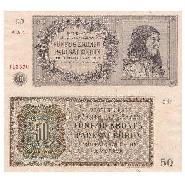 50 korún 1944 protektorát čechy a morava - séria a - Bankovka PČM 50 Korún 1944 AU- séria A - 10 (3) -3