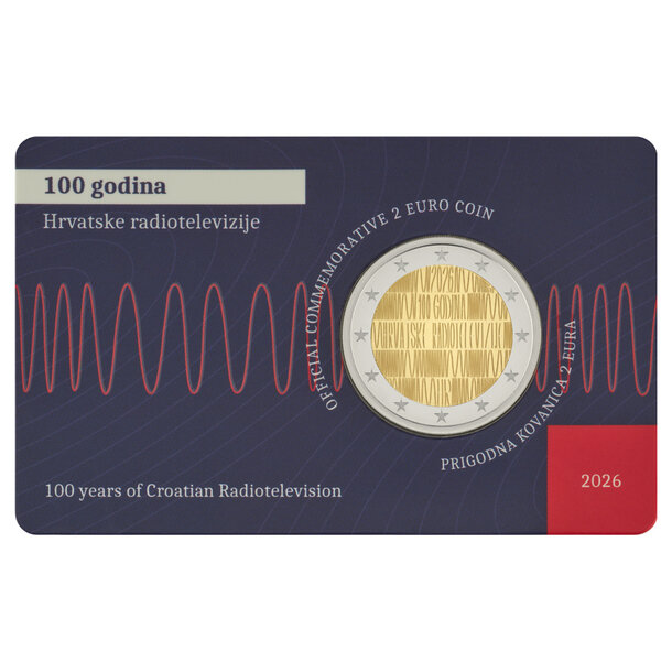 2 euro chorvátsko 2026 - 100 rokov rádia a televízie - coincard - 2 euro Chorvátsko 2026 - rádio a televízia - coincard