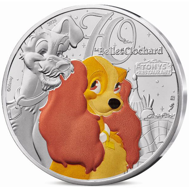 10 euro francúzsko 2025 - lady and the tramp - kolorovaná - 10 euro Francúzsko 2026 - tramp-kolor -1
