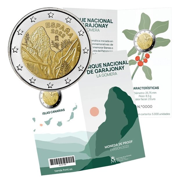 2 euro španielsko 2022 - národný park garajonay - proof - spanielsko-2022-2-garajonay-proof-2