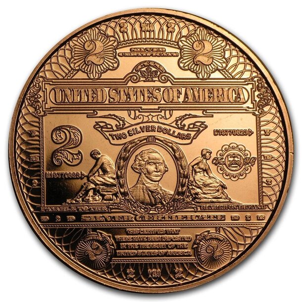 Medená minca bankovka georga washingtona 1 unca - 1oz-copper-2-usd-washington-banknote-round-obverse