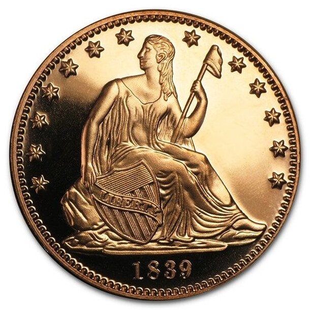 Medená minca sediaca sloboda 1 unca - 1oz-copper-seated-liberty-round-obverse
