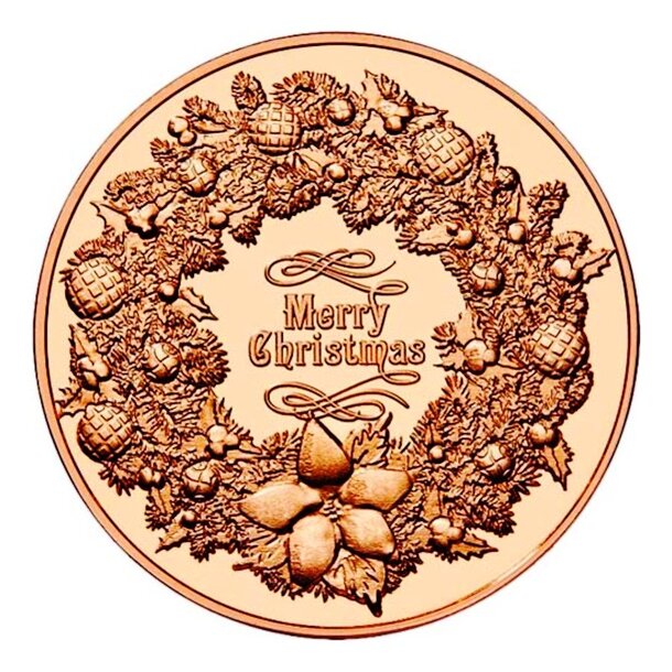 Medená minca vianočný veniec 1 unca - 1oz-copper-christmas-wreath-round-obverse