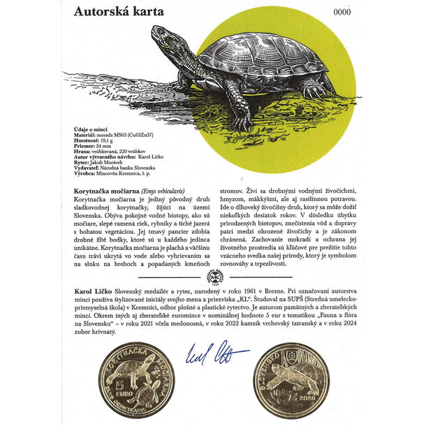 Autorská karta 5 € korytnačka močiarna 2026 - 5-euro-autorska_karta-korytnacka