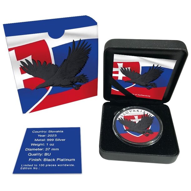 5 dollars niue 2023 - slovenský orol (black platinum) - 2023-1oz-niue-silver-slovak-eagle-black-platinum-colorized-coin-box