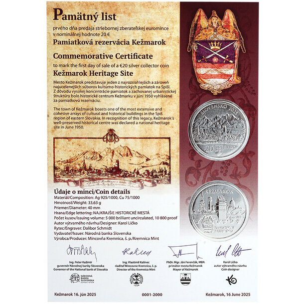 Pamätný list 20 € kežmarok 2025 - pamatny-list-20eu-pamiatkova-rezervacia-kezmarok